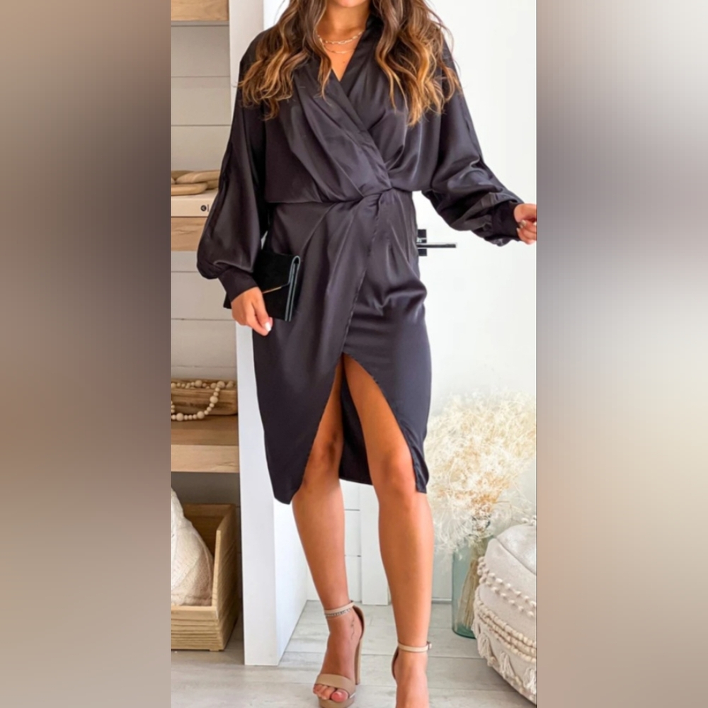 BLACK SATIN MIDI DRESS WITH LONG SLEEVES